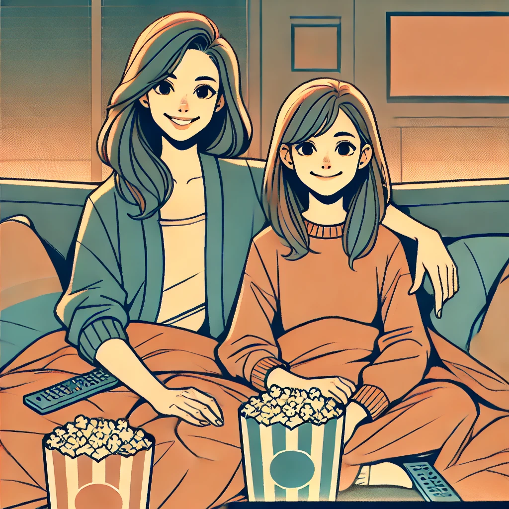 mother and struggling daughter watching a movie